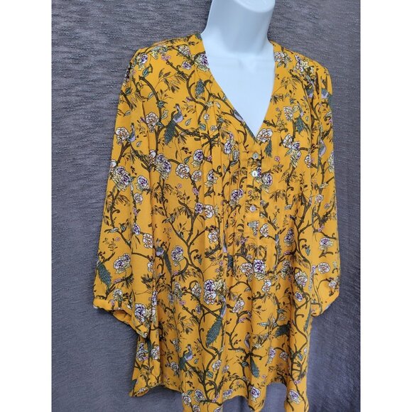Rose Olive Peasant Top 1X Yellow Peacock Artsy Whimsical 3/4 Sleeve Flowy - Picture 15 of 16